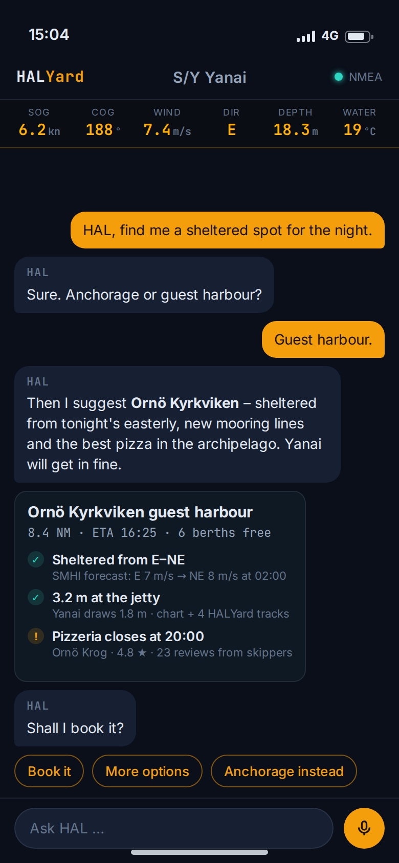 Concept screen: HAL suggests a guest harbour for the night, checking shelter, depth against the boat's draught, free berths and reviews, and offers to book